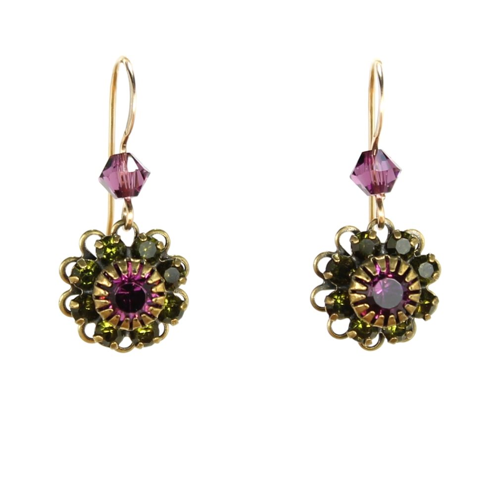 Amethyst/Olivine Gold Small Round Flower Earrings