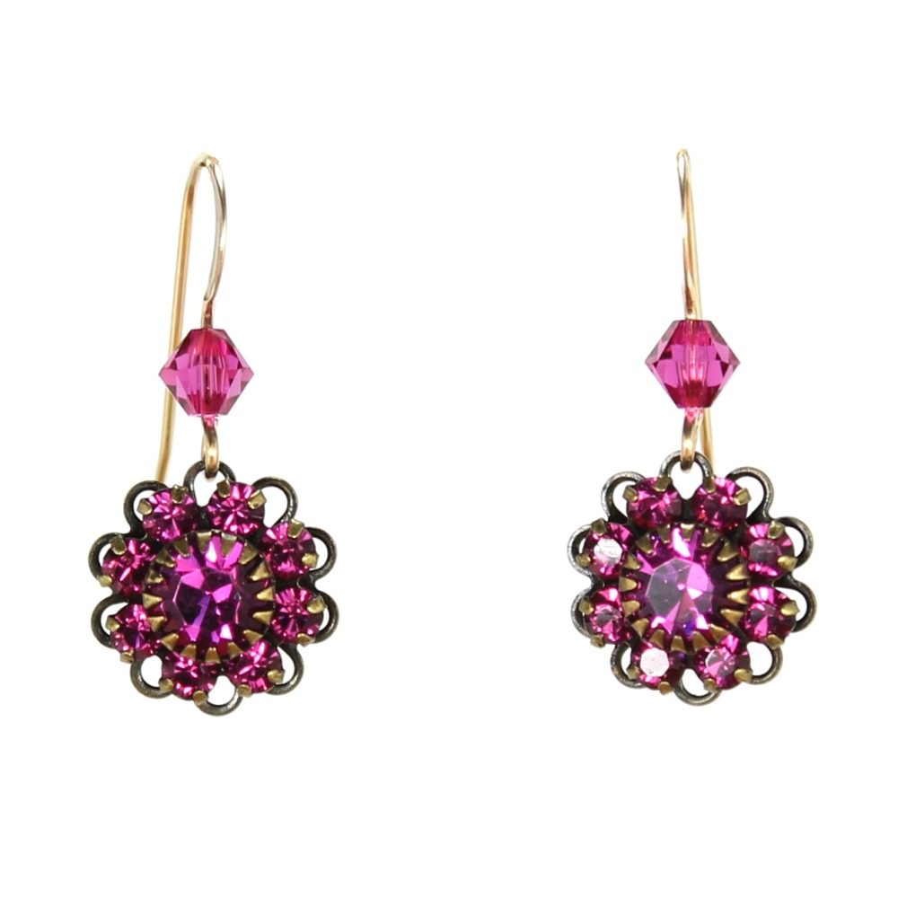 Fuchsia Gold Small Round Flower Earrings