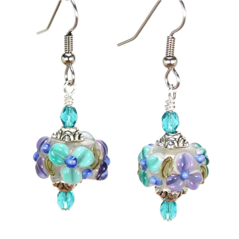 Clear/Teal Flower Rondelle Earrings