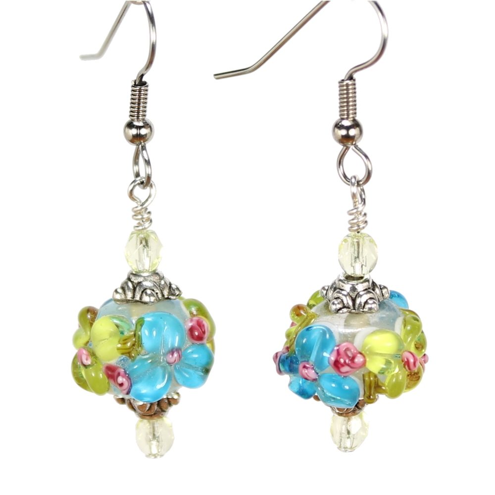 Yellow/Blue/Pink Flower Rondelle Earrings