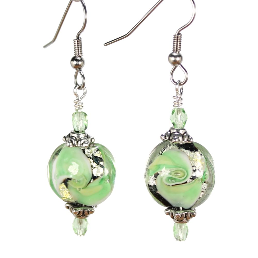 Peridot/Silver - Small Swirl Coin Lampwork Earrings