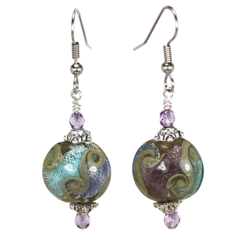 Aqua/Sapphire/Amethyst Swirl - Small Lampwork Earrings