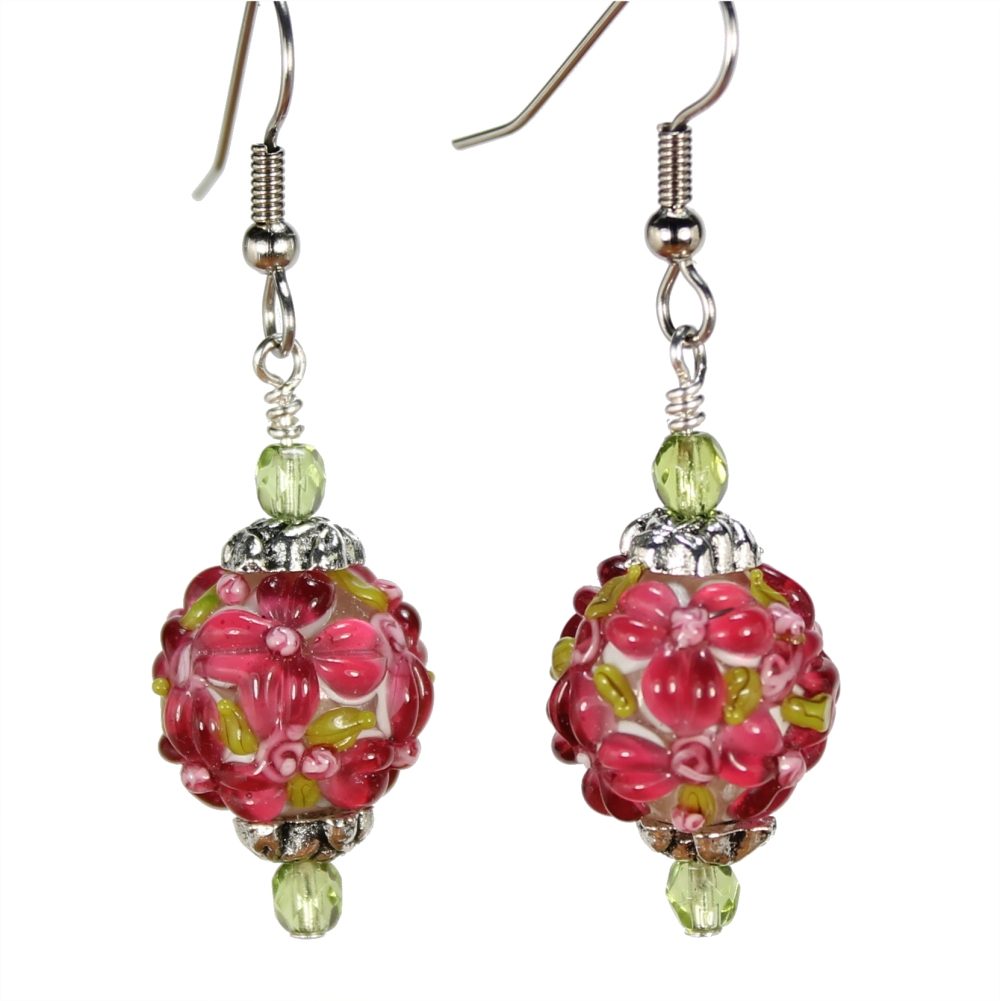 Fuchsia and Olivine Flower Round Earrings