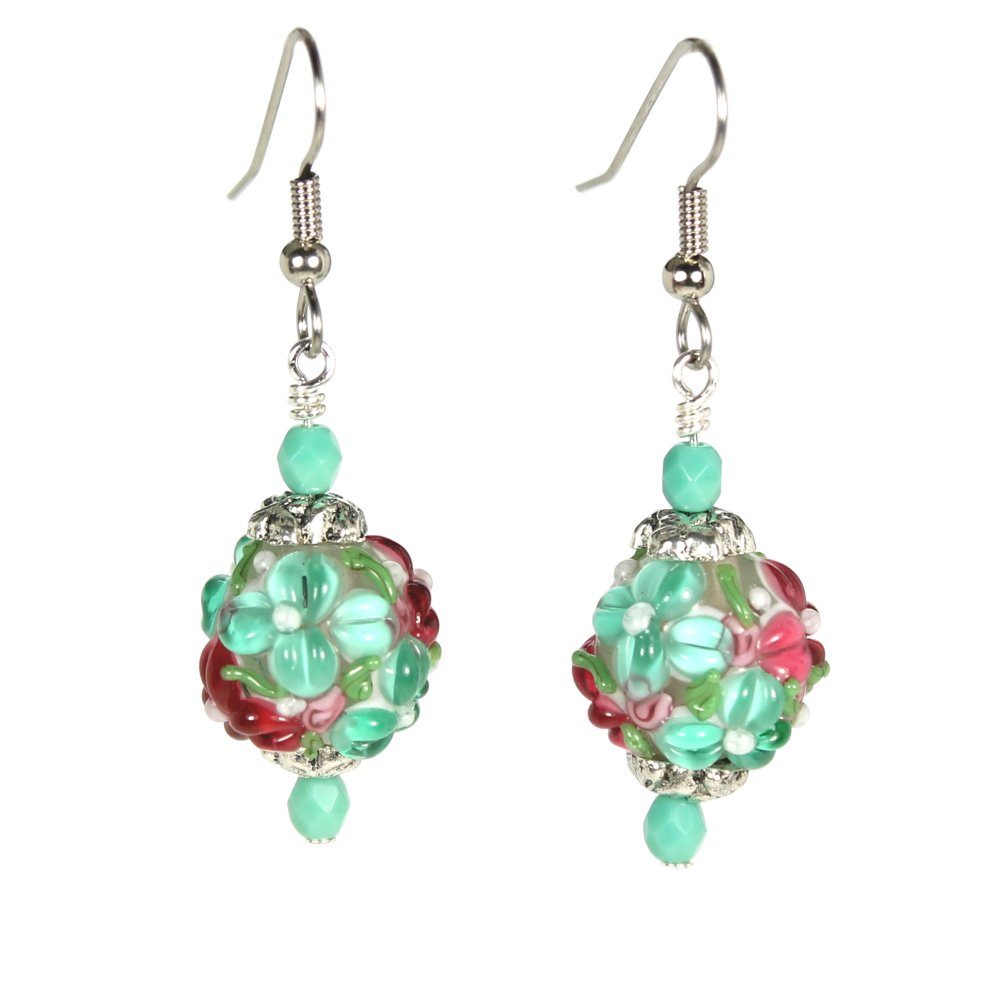 Turquoise and Fuchsia Flower Round Earrings