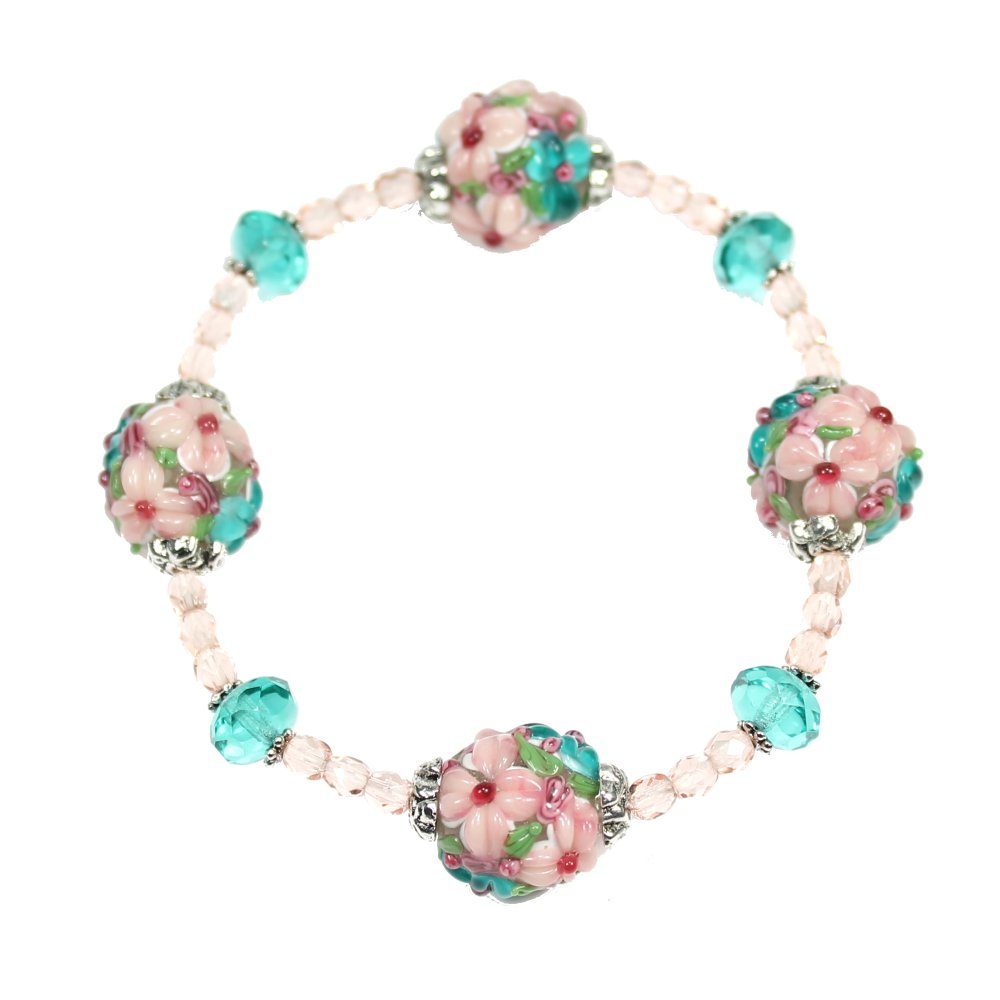 Opaque Pink and Teal Flower Round Bracelet