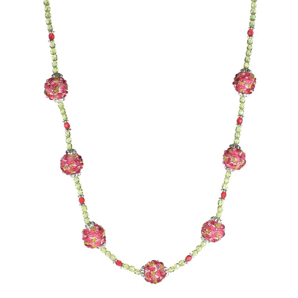 Fuchsia and Olivine Flower Round Necklace