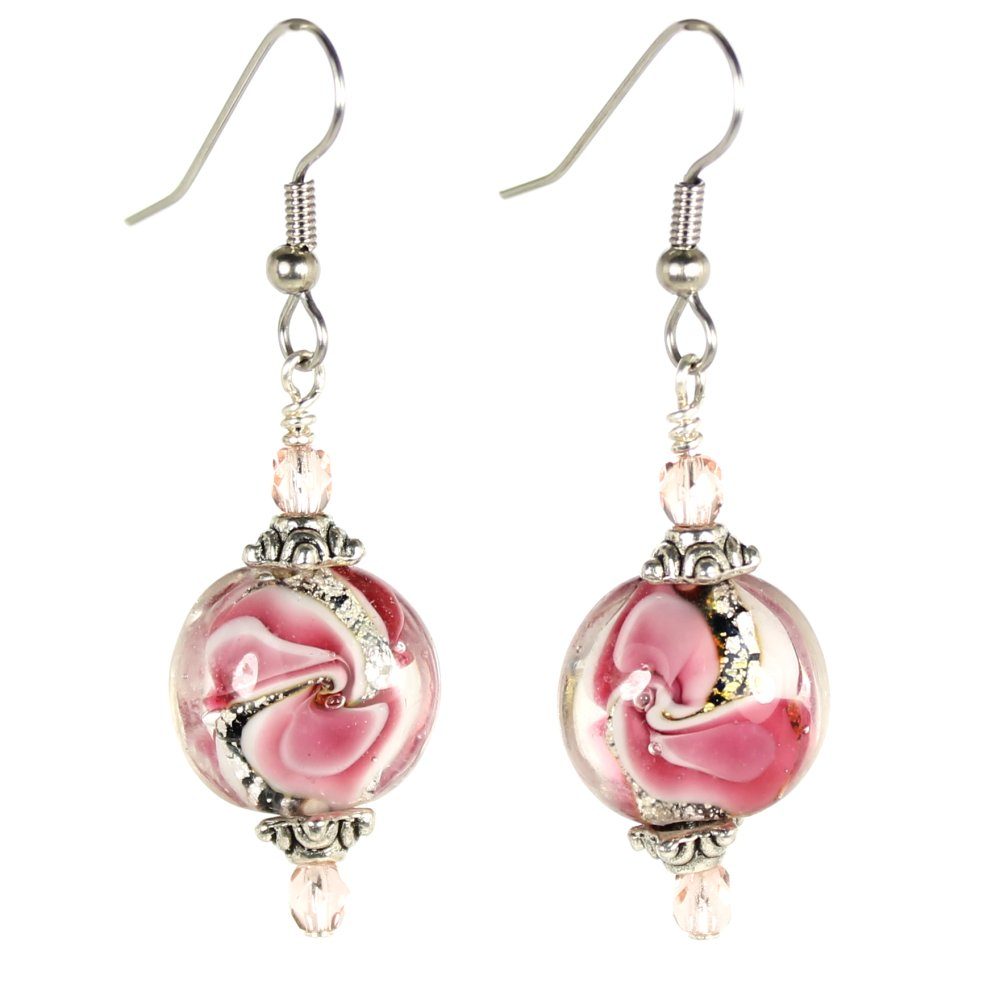 Fuchsia/Silver - Small Swirl Coin Lampwork Earrings