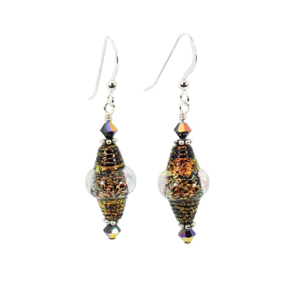 Japanese Jet and Dichroic Textured Bicone Earrings